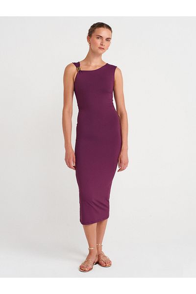 Dilvin 91493 Rochie asimetrică cu detaliu accesorii-violet