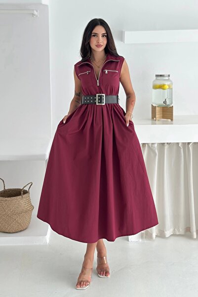 AsprinFashion Rochie cu centură din material parașută, roșu claret