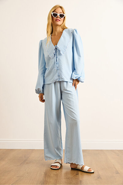 Olalook Women's Baby Blue Collar and Leg Detail 2-Piece Gingham Set Tkm-19000419