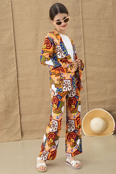 Cansın Mini Orange Patterned Kimono Blouse Girl's Trousers 3 Piece Set 20764