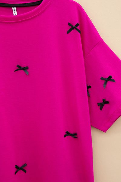 Cansın Mini Fuchsia Bow Embroidered Short Sleeve Girl's Oversize T-Shirt 20801