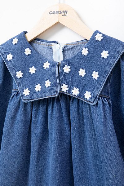 Cansın Mini Navy Blue Collar Daisy Embroidered Long Sleeve Girl's Jean Dress 20689