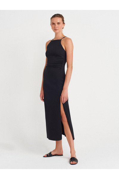 Dilvin 91502 Halter Yaka Midi Elbise-Siyah