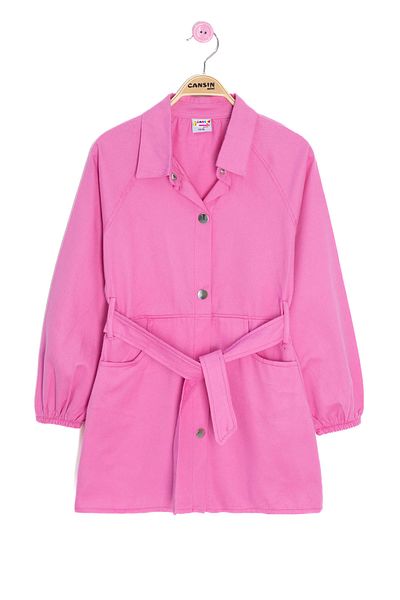 Cansın Mini Pink Snap Closure Belted Girl's Linen Dress 20694