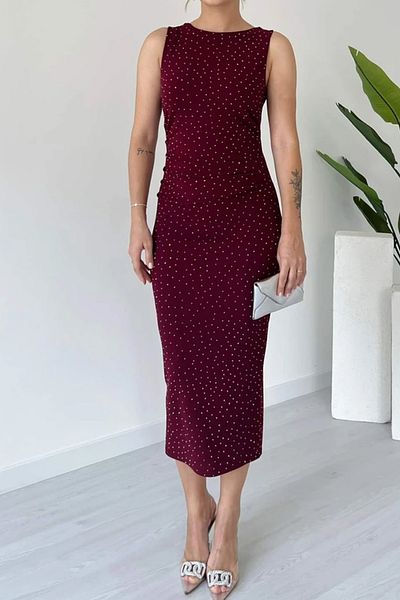 MILANOFOX Women's Stone Detailed Draped Crepe Bodycon Dress – Stretchy, Slit, Sleeveless, Zippered Midi Model