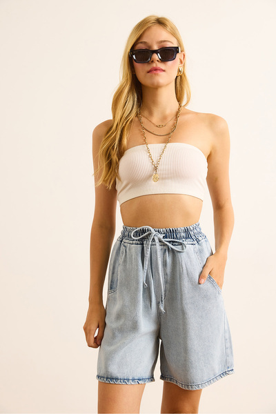 Olalook Women's Blue Elastic Waist Pocketed Draped Denim Shorts Shrt-19000075
