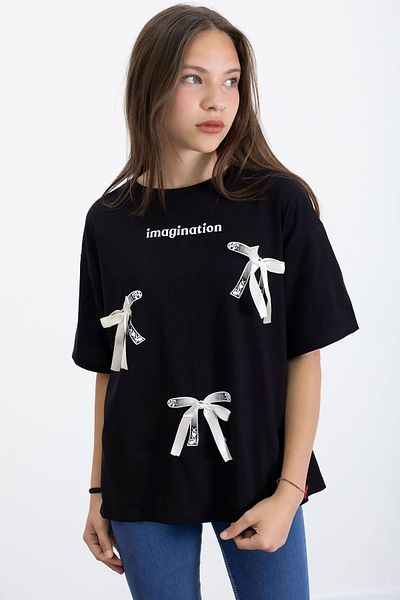 Cansın Mini Black Text Printed Bow Girl's Short Sleeve Oversize T-Shirt 20803