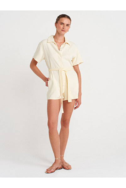 Dilvin 72028 Hidden Snap Short Denim Jumpsuit-Yellow