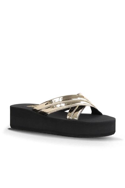 Bueno Shoes Gold Shiny Mirror Women's Wedge Heeled Slippers 26Wt614536