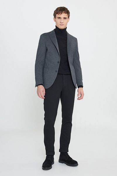 ALTINYILDIZ CLASSICS Men's Black Cotton Slim Fit Slim Fit Swallow Collar Diagonal Pattern Blazer Jacket