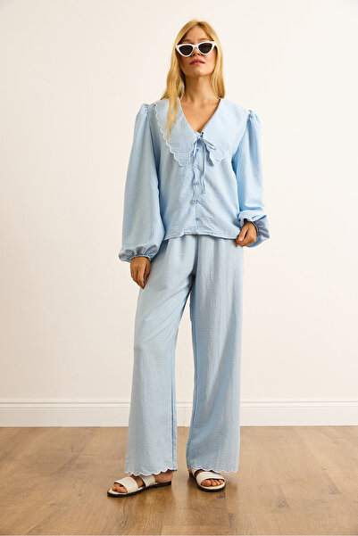 Olalook Set de 2 bucăți pentru femei, albastru bebeluș, cu guler și picioare TKM-19000419