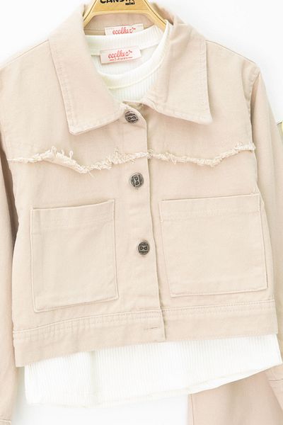 Cansın Mini Beige Tasseled Jean Jacket and Trousers Girl's Badu 3 Piece Suit 20697