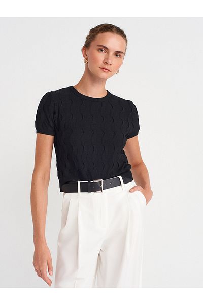 Dilvin 10788 Crew Neck Textured Knitwear Blouse-Black
