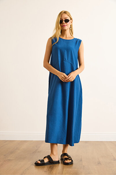 Olalook Kadın Mavi Cepli Dikiş Detaylı Maksi Krinkıl Elbise ELB-19002525