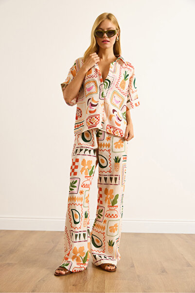 Olalook Women's Stone Orange Patterned Shirt Trousers 2 Piece Set Tkm-19000420