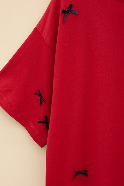 Cansın Mini Red Bow Embroidered Short Sleeve Girl's Oversize T-Shirt 20799