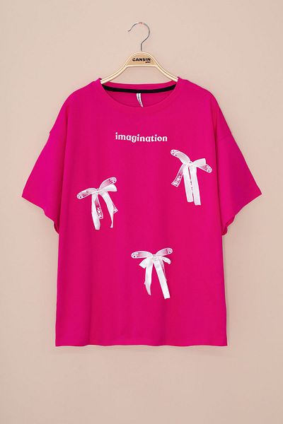 Cansın Mini Fuchsia Text Printed Bow Girl's Short Sleeve Oversize T-Shirt 20804