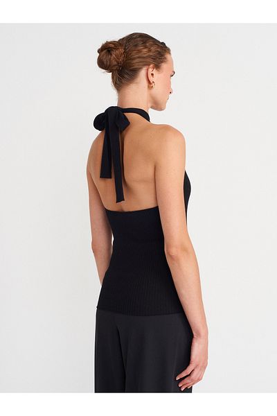 Dilvin 10798 Halter Tie Collar Ribbed Knitwear Blouse-Black