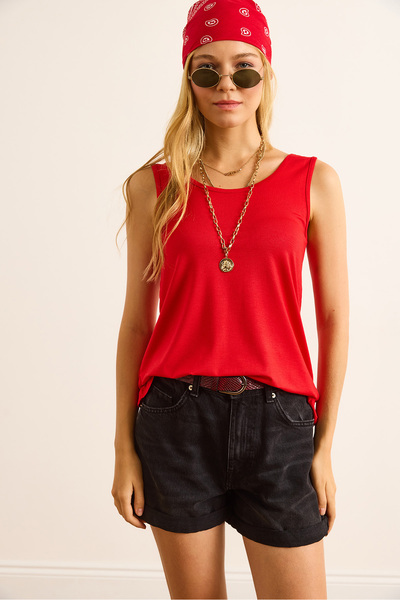 Olalook Women's Red Front Back U Strap Bell Viscose Blouse Blz-19003066