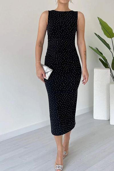 MILANOFOX Women's Stone Detailed Draped Crepe Bodycon Dress – Stretchy, Slit, Sleeveless, Zippered Midi Model