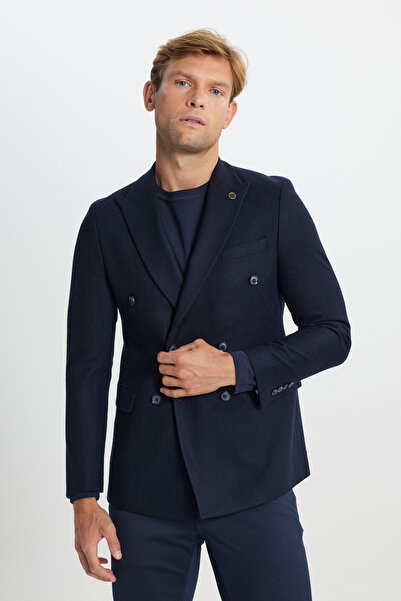 ALTINYILDIZ CLASSICS Erkek Lacivert Yünlü Slim Fit Dar Kesim Kırlangıç Yaka Kapak Cepli Blazer Ceket