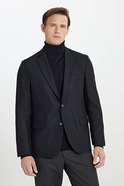 ALTINYILDIZ CLASSICS Ανδρικό μαύρο μάλλινο μπουφάν με κανονική εφαρμογή με μονό γιακά και τσέπη