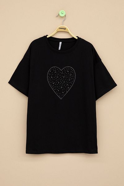 Cansın Mini Black Sequined Heart Pattern Short Sleeve Girl's Oversize T-Shirt 20789