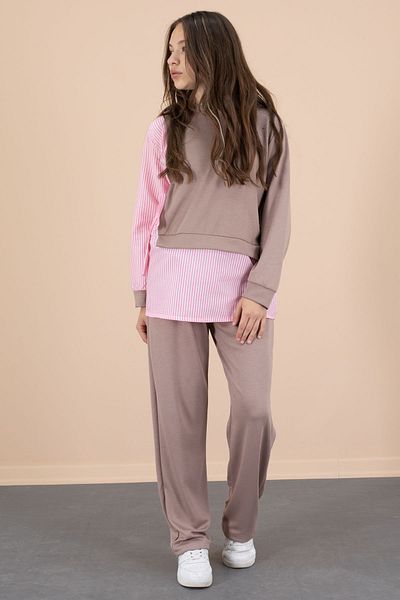 Cansın Mini Coffee Stripe Patterned Stone Detailed Blouse Girl's Belted Pants 2 Piece Set 20660