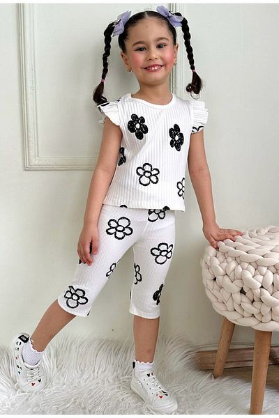 Yağmur Giyim Pjkskt Brush Daisy Pattern Ecru Twill Fabric Ruffled Sleeves Capri Girl's Short Sleeve Suit 7639-E