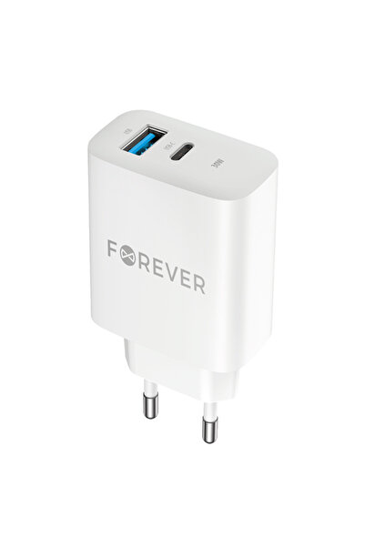 Forever TC-07-30 AC Network Charger, 30W, 3A, 1 x USB-A - 1 x USB-C, White