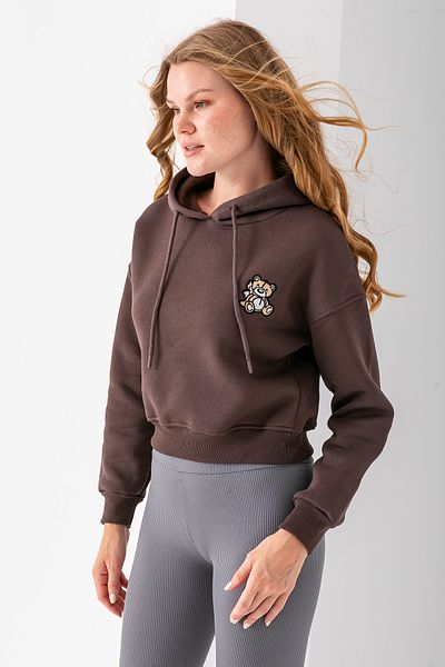 GİYSA Women's Hooded Teddy Bear Embroidered 3-Strand Crop Sweatshirt Brown - 2668