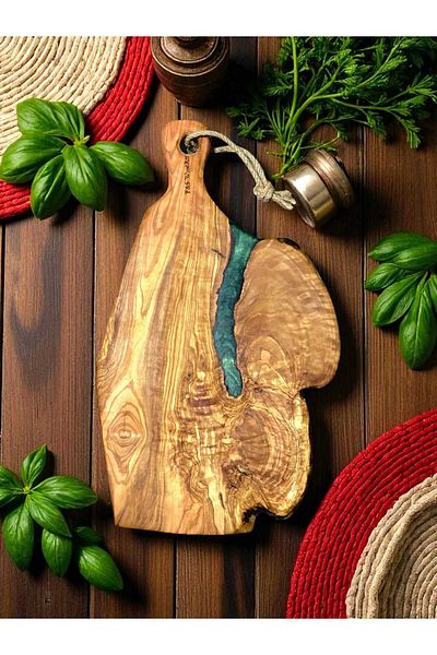 F&S WoodArt 37 X 21 cm Natural Olive Tree Green Epoxy Filled Handle Cutting Presentation Board