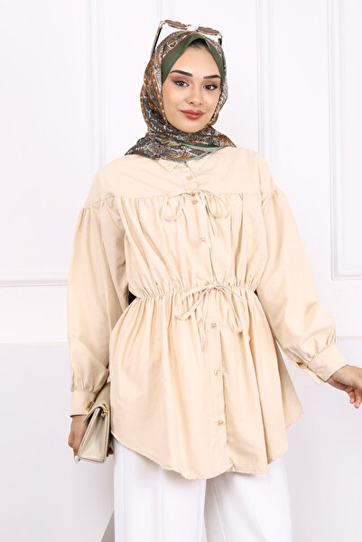 İmajButik Beige Waist Elastic Buttoned Tunic