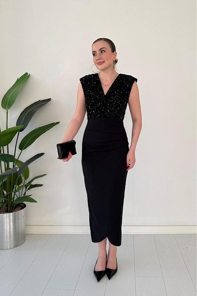 MaziButik Sequined Top Pencil Dress Black