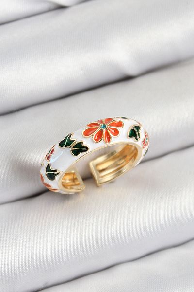 STİLLOVE Brass White Enameled Flower Motif Gold Color Adjustable Women's Ring