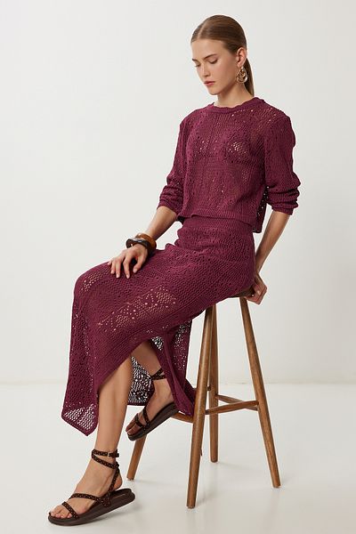 Lovelyİstanbul Openwork Summer Knitwear Skirt Set Lyy0124 Bordo