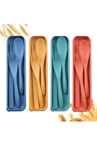 Generic Reusable Travel Utensils Set with Case, 4 Sets Wheat Straw Portable Plastic Fork Spoons Knife Campi