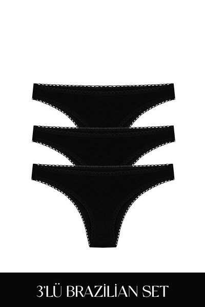 Feu De Elu Cotvie Black Cotton Brazillian Set of 3 Panties