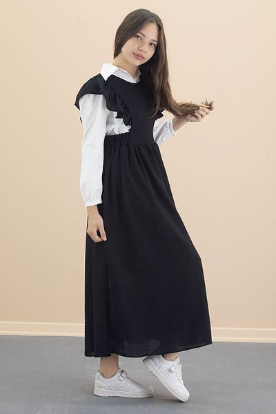 Cansın Mini Black Ruffle Detail Long Sleeve Shirt Girl's Long Cut Dress 20554