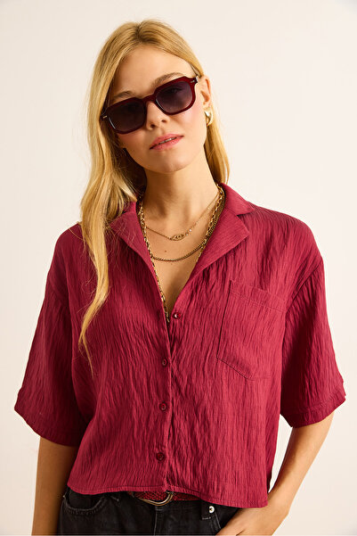 Olalook Women's Burgundy Single Pocket Transparent Stripe Crop Shirt Gml-19001384