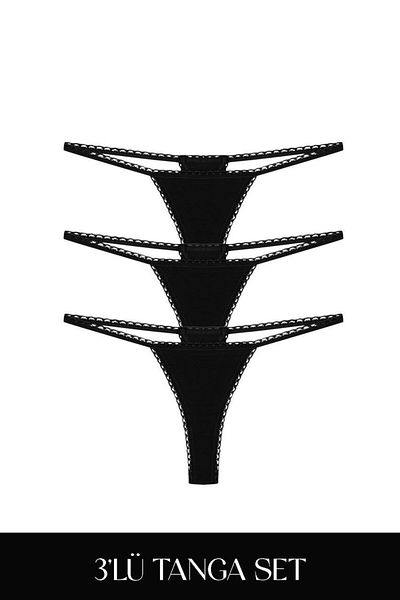 Feu De Elu Cotvie Black Cotton Thong Set of 3 Panties