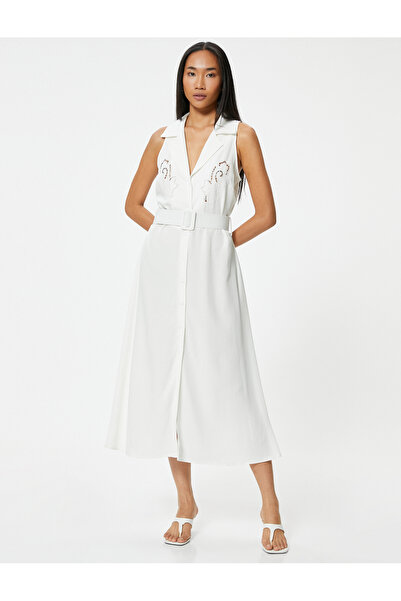 Koton فستان نسائي متوسط الطول بدون أكمام باللون البيج