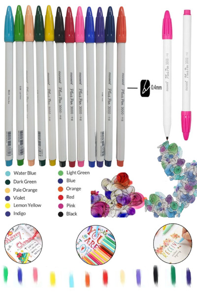 GLANCE Monami Plus Pen 3000 Water-Based Coloring Marker 12 Colors Set