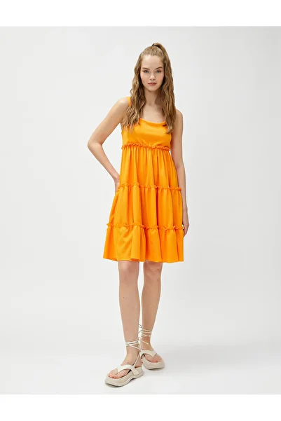 Koton Thick Strappy Tissued Ruffle Square Neck Voluminous Dress