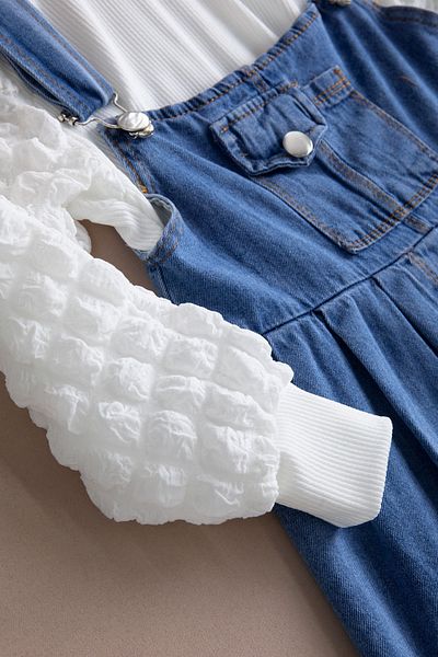 Cansın Mini Blue Girl's 2-Piece Set with Chest Pocket, Salopet and Sleeve Detail 20511