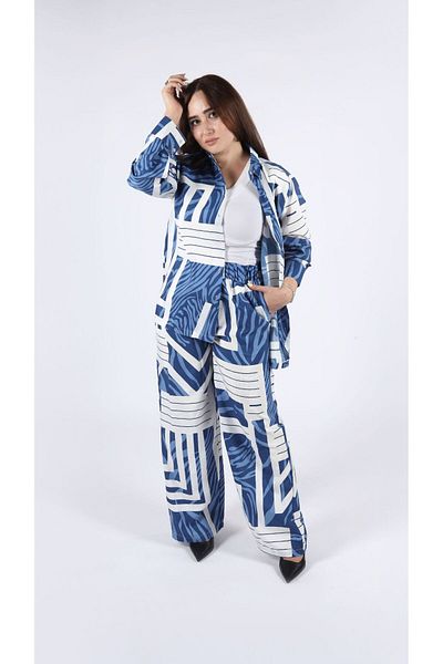 LINELLE Abstract Asymmetric Print Co-Ord Set – Shirt & Wide-Leg Pant.