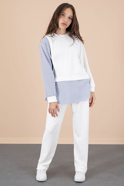 Cansın Mini Blue Line Patterned Stone Detailed Blouse Girl's Belted Pants 2 Piece Set 20655