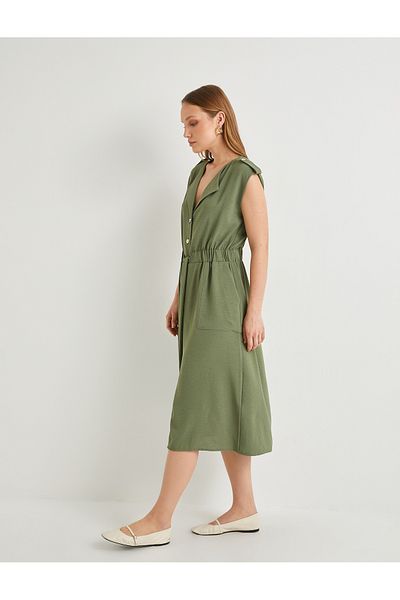 Koton Pocket Detail Belted Buttoned Midi Dress