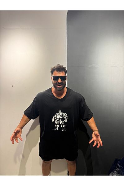 Bas Body FitnessWear Battal Large Size Black Hulk Printed V-Neck Combed Cotton T-Shirt