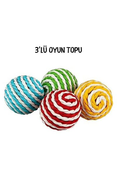 Tüylü Tezgah İp Sarma Renkli Kedi Oyun Topu 3'lü Oyun Paket Kedi Oyuncağı Ren...